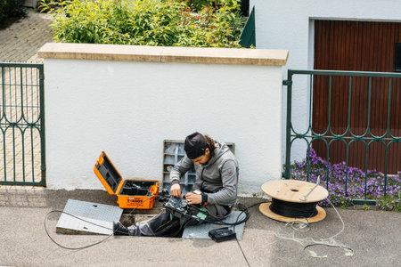 Paris, France - May 20, 2019: Horizontal view from above of engineer worker arranging setting optic fiber in the manhole during local deployment of high speed internetのeditorial素材