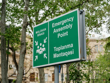 Baku, Azerbaijan - May 2, 2019: Molokan Binasi Emergency Assembly Point green sign in central Bakuのeditorial素材