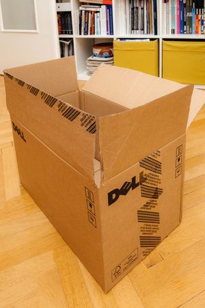 Paris, France - Aug 23, 2017: Open unboxed Dell Computers in living room