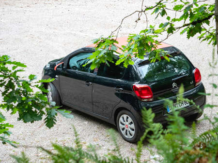 Baden-Baden, Germany - Jul 7, 2019: View from above of new Citroen C1 mini car parked in forest parkingのeditorial素材