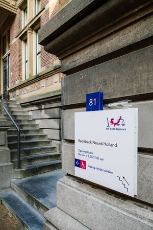 Haarlem, Netherlands - Aug 26, 2019: Entrance staircase and sign to Court of Nord-Holland Rechtbank Noord-Holland in the city of Haarlemのeditorial素材