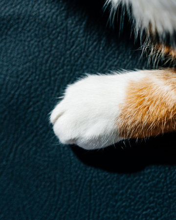 Cute cat paw on leather couch background