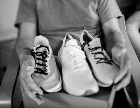 Paris, France - May 22, 2019: Elevated view of happy senior man unboxing unpacking new Nike running shoes three diverse modelsのeditorial素材