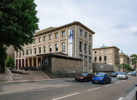 Strasbourg, France - May 18, 2019: TNS Theatre National de Strasbourg building with cafe at the entrance and cars parked on the adjacent streetのeditorial素材