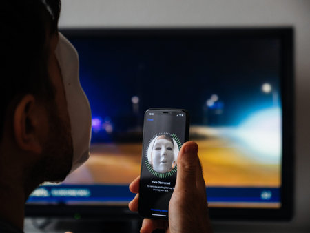 Paris, France - Nov 10. 2017: Face Obstructed message on display of new Apple iPhone XS 11 Pro with...