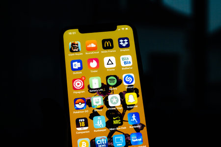Paris, France - Sep 12, 2019: Apple iPhone 11 Pro in with all applications in background