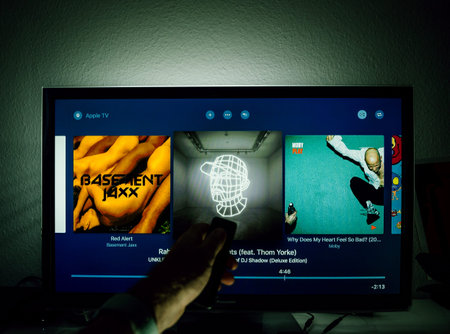 Paris, France - Circa 2019: Man surfing with remote Apple TV menu on Panasonic Plasma tv living room...