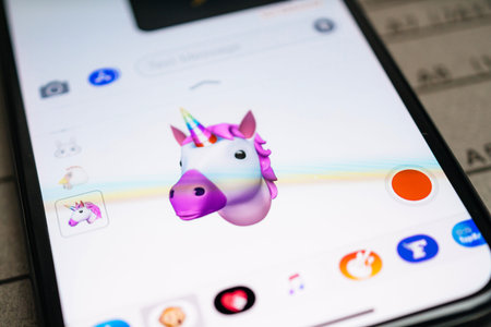 Paris, France - Sep 12, 2019: Latest iPhone 11 Pro featuring multiple Animoji character with face of unicorn expressing no sentimentsのeditorial素材