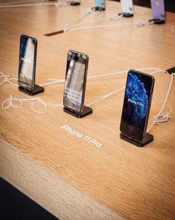 Paris, France - Sep 20, 2019: The new iPhone 11 pro displayed in Apple Store as the smartphone by Apple Computers goes on saleのeditorial素材