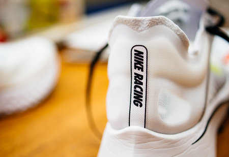 Paris, France - Jul 8, 2019: Close-up macro shot of new professional Nike running sport shoe on...