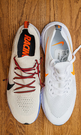 Paris, France - Jul 8, 2019: Two new professional Nike Zoom Fly Flyknit and Zoom Fly SP Fast running...