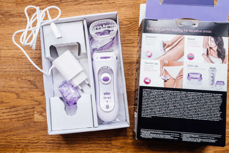 Paris, France - Sep 23, 2019: All accesories of new Braun Silk Epil women lady shaver epilator 3 in 1 trimmer, exfoliation system for smooth and radiant skinのeditorial素材