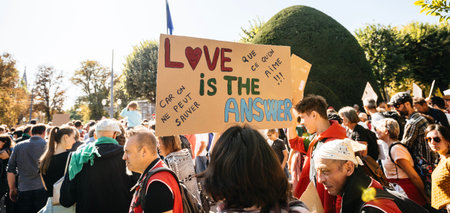 Strasbourg, France - Sep 21, 2019: Love is the answer during the largest worldwide climate march...