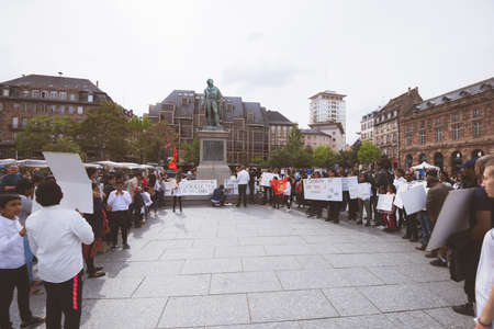 Strasbourg, France - May 18, 2019: Large crowd of Tamil supporters people occupy central Place Kelber square to protest against alleged human rights abuses genocideのeditorial素材