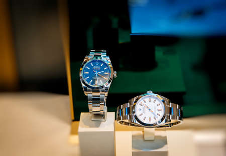 Paris, France - Jul 22, 2017: Luxury Rolex Oyster Perpetual Milgauss watch blue and white watch for sale in clock watch storeのeditorial素材