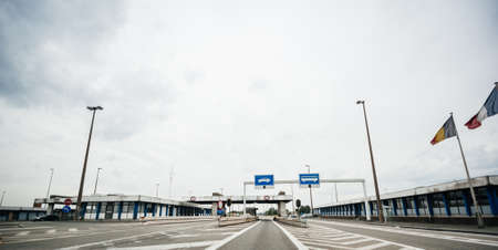 Belgium - Jul 14, 2011: Passenger POV at the customs border buildings at French Belgium borderのeditorial素材