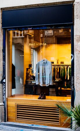 Barcelona, Spain - Nov 14, 2017: Vertical image of Iconic Medietarnian Fashion store Med Winds facade selling elegant handmade t-shift. Med winds was a fashion brand for women and men, born in Barcelonaのeditorial素材