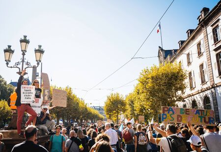 Strasbourg, France - Sep 21, 2019: Young French people with placards take part in what could be the largest worldwide climate march change started by Swedish climate activist Greta Thunbergのeditorial素材