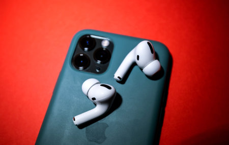 Paris, France - Oct 30, 2019: New Apple Computers AirPods Pro headphones with Active Noise...