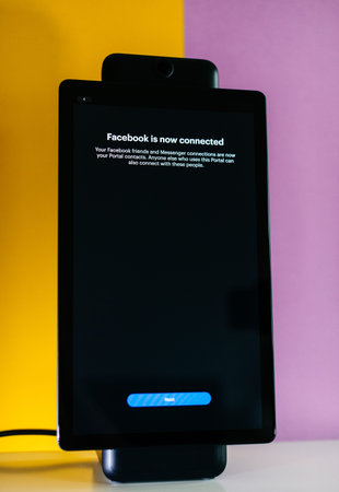 Paris, France - Oct 29, 2019: Facebook is now connected message on the Facebook Portal smart display...