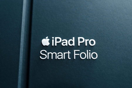 Paris, France - Feb 12, 2019: Close-up of package logotype on box before unboxing of new iPad Pro...