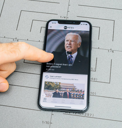 Paris, France - Nov 11, 2017: Latest Apple Computers iPhone 11 Pro featuring ABC News app with Joe...