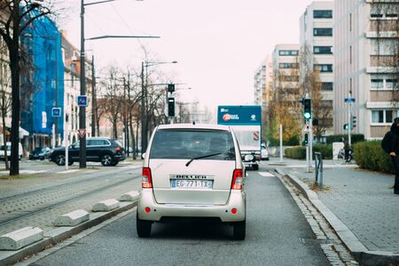 Strasbourg, France - Dec 13, 2016: Rear view of small Bellier car driving on French streetのeditorial素材
