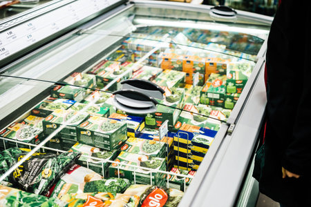Kehl, Germany - Dec 21, 2016: Customers inside German supermarket Edeka shopping for the frozen...