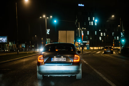 Strasbourg, France - Dec 13, 2016: Rear view of Skoda Rapid car driving on Vitry-le-Francois avenue...