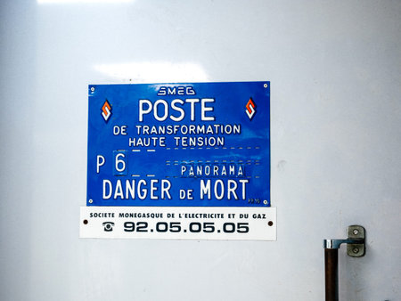 Monaco - Nov 23, 2019: High voltage transformer station signage on a Monegasque panel in central...
