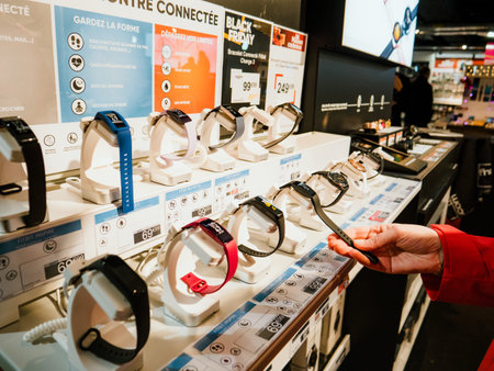 Nice, France - Nov 24, 2019: Woman in red coat looking inside electronics Fnac store at multiple...