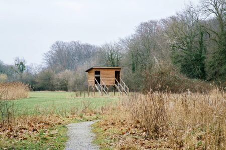 Agricultural field in the fall with hunter cabin with observation point  and two access staircaseの写真素材