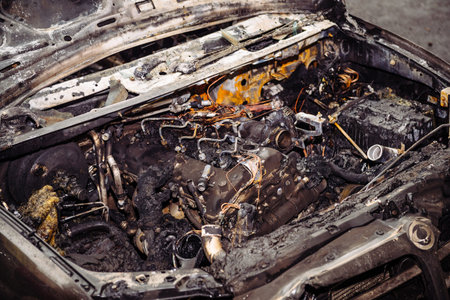 Strasbourg, France - Jan 1, 2020: Overhead view of burnt car by Vandals in Strasbourg, France during...