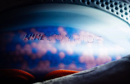 Paris, France - Jul 30, 2019: Close-up of modern Nike Joyride logotype on the sole of latest...