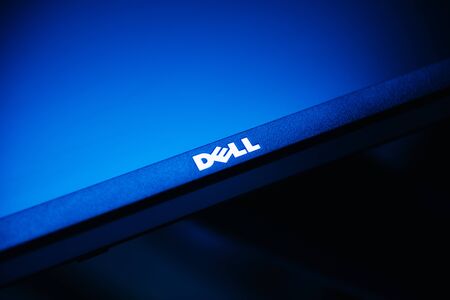 London, United Kingdom - Feb 28, 2014: Tilt-shift effect lens over the logotype of Dell computers on modern OLED professional wide gamut displayのeditorial素材