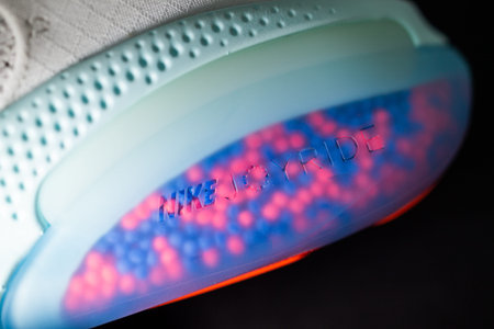 Paris, France - Jul 30, 2019: Close-up of NIke Joyride logotype on the sole of latest innovation the...
