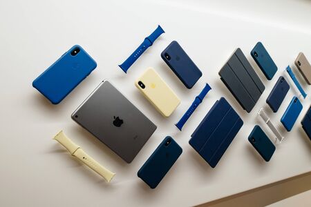 Paris, France - Mar 19, 2019: Apple Store in central paris with multiple accessories for Ipad Apple Watch, iPhone - straps, bands and casesのeditorial素材