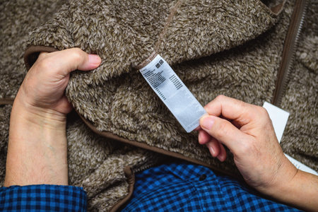 Paris, France - Feb 19, 2020: POV of senior hands holding clothes etiquette of a Uniqlo warm coat...
