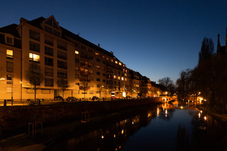 Strasbourg, France - Mar 17, 2020: General view of the empty streets and apartment buildings with people staying at home while the city imposes emergency measures to combat the Coronavirus COVID-19 outbreak.のeditorial素材