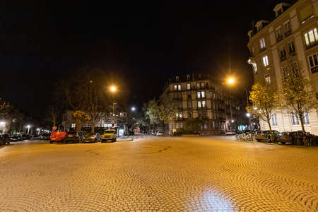 Strasbourg, France - Mar 17, 2020: Luxury apartments hassanain buildings in Place Golbery Empty nobody on street as city imposes emergency measures to combat the Coronavirus COVID-19 outbreak. Emmanuel Macron announced that France starts a nationwide lockのeditorial素材