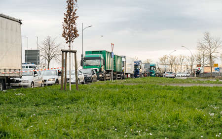 Kehl, Germany - Mar 16, 2020: Traffic jam at the border crossing in Kehl from France Strasbourg during crisis measures in the fight against the novel coronavirusのeditorial素材
