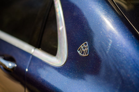 Strasbourg, France - Mar 22, 2020: Close-uyp macro shot of logotype on a luxury new Mercedes-Benz...