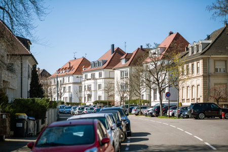 Strasbourg, France - Mar 22, 2020: Empty street with lots of parked cars during French general confinement due to Coronavirus outbreakのeditorial素材