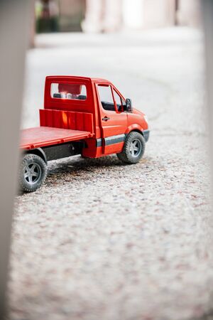 Close-up macro detail of a toy red construction van - tilt-shift lensの写真素材