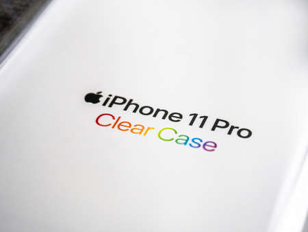 Paris, France - Oct 2, 2019: Close-up macro shot of new Apple Computer Clear case for the new iphone 11 Pro smartphone telephoneのeditorial素材