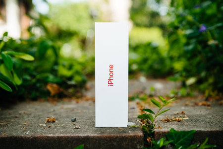 Paris, France - Apr 24, 2020: Side view of the box with new budget iPhone SE by Apple Computers...
