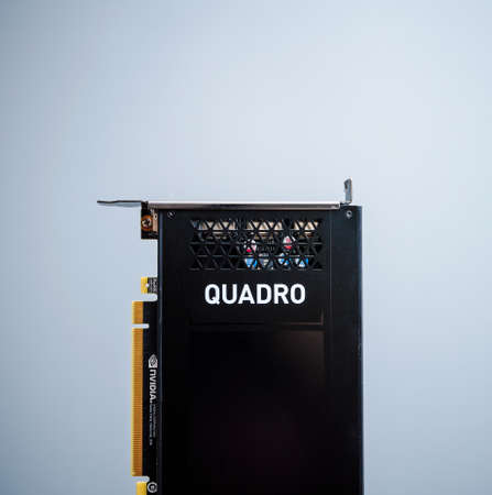 Paris, France - Sep 30, 2019: Square image of new Professional Nvidia Quadro P4000 GPU video card used in professional workstationsのeditorial素材