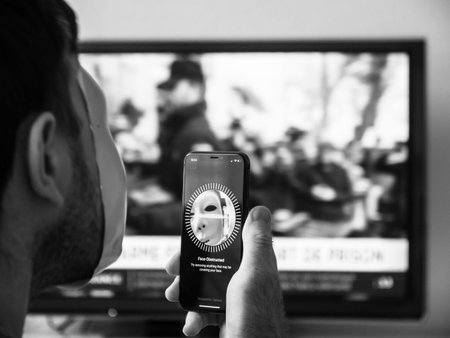 Paris, France - Nov 10. 2017: Monochrome Face Obstructed message on display of new Apple iPhone XS...