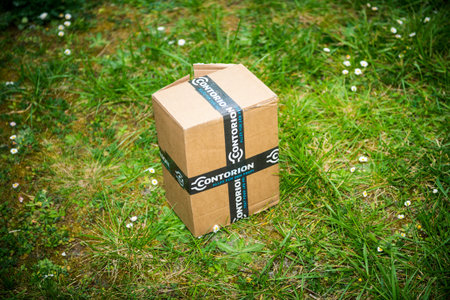 Paris, France - Apr 24, 2020: Open parcel with signage insignia of Contorion, the online tool...