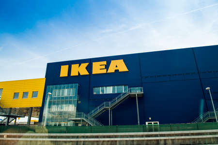 Vienna, Austria - Aug 16, 2017: View of IKEA blue store with the yellow logotypeのeditorial素材